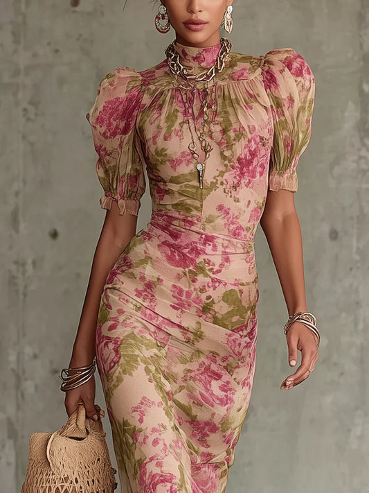 Abito Maxi Stampato Rosa Vintage con Maniche Puff e Gonna A Sirena per Donne