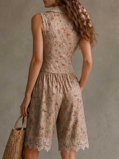 Salopette in Twill a Fiori Retro con Pizzo