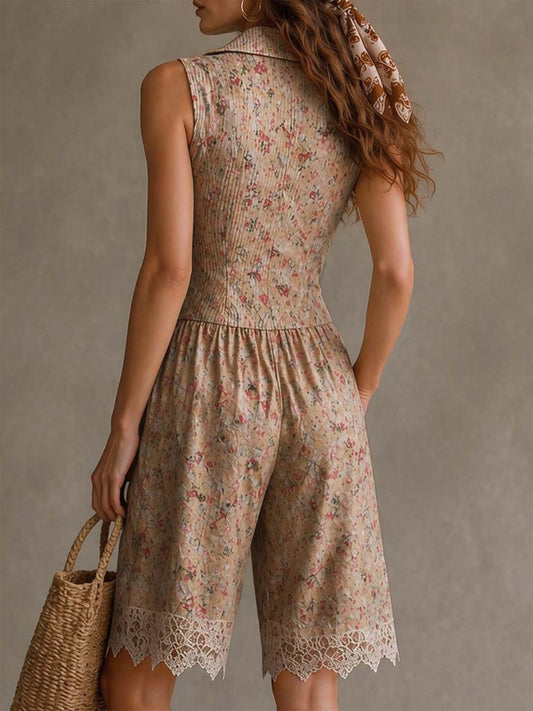 Salopette in Twill a Fiori Retro con Pizzo
