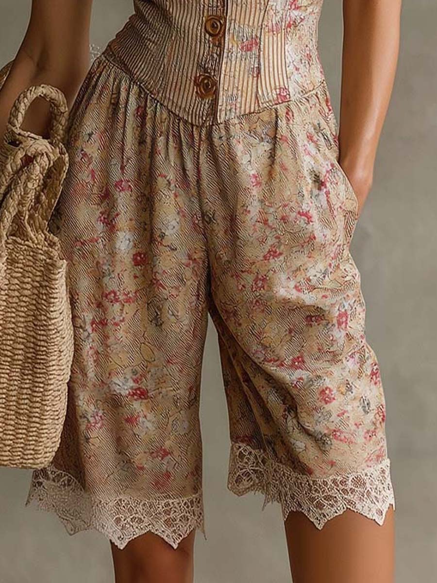 Salopette in Twill a Fiori Retro con Pizzo