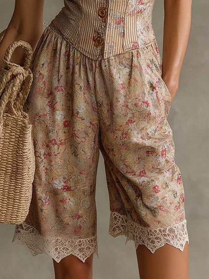 Salopette in Twill a Fiori Retro con Pizzo