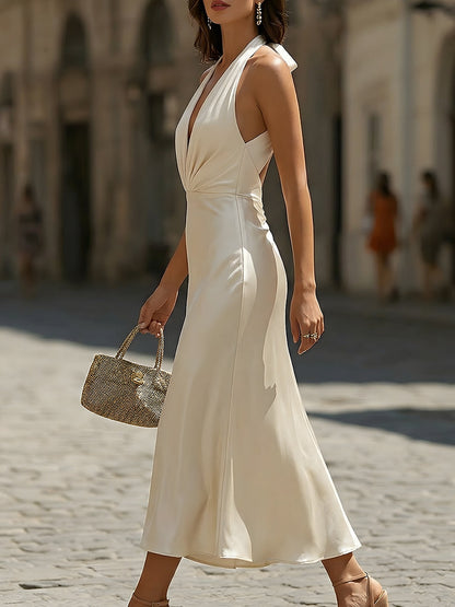 Elena - Abito lungo in satin con scollo a V