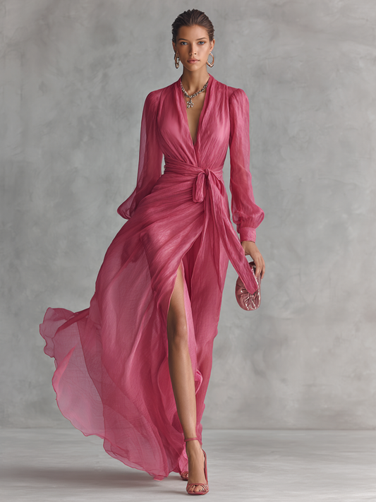 Robe Longue Élégante Femme en Chiffon Rosa Poudré con Perle, Décolleté a V e Vita Legata