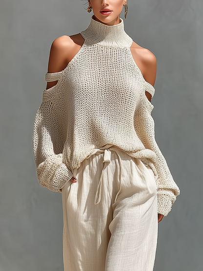 Completo Top Collo Alto con Spalle Scoperte in Maglia Beige per Donne & Pantaloni a Gamba Larga