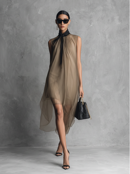 Robe senza maniche in chiffon bicolore kaki e marrone di lusso leggero per donne