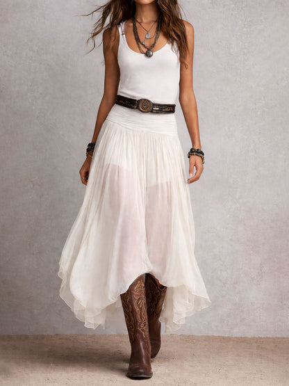 Abito lungo elasticizzato nero stile boho-western con gonna trasparente