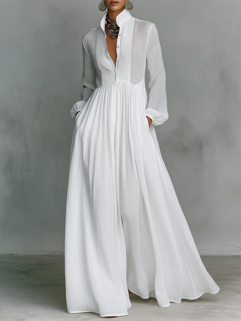 Maxi Minimalista in Cotone e Lino con Patchwork, Collo Alto e Maniche Lunghe