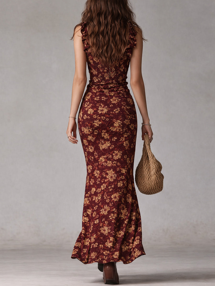 Abito Maxi Boho Retro con Maniche Volant e Spacco Alto