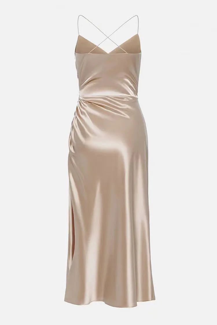 Satin V Neck Backless Cami Dress