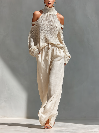Completo Top Collo Alto con Spalle Scoperte in Maglia Beige per Donne & Pantaloni a Gamba Larga