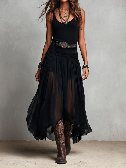 Abito lungo elasticizzato nero stile boho-western con gonna trasparente