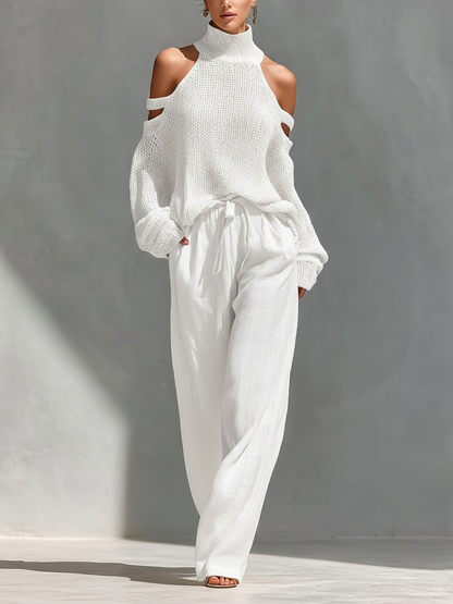 Completo Top Collo Alto con Spalle Scoperte in Maglia Beige per Donne & Pantaloni a Gamba Larga
