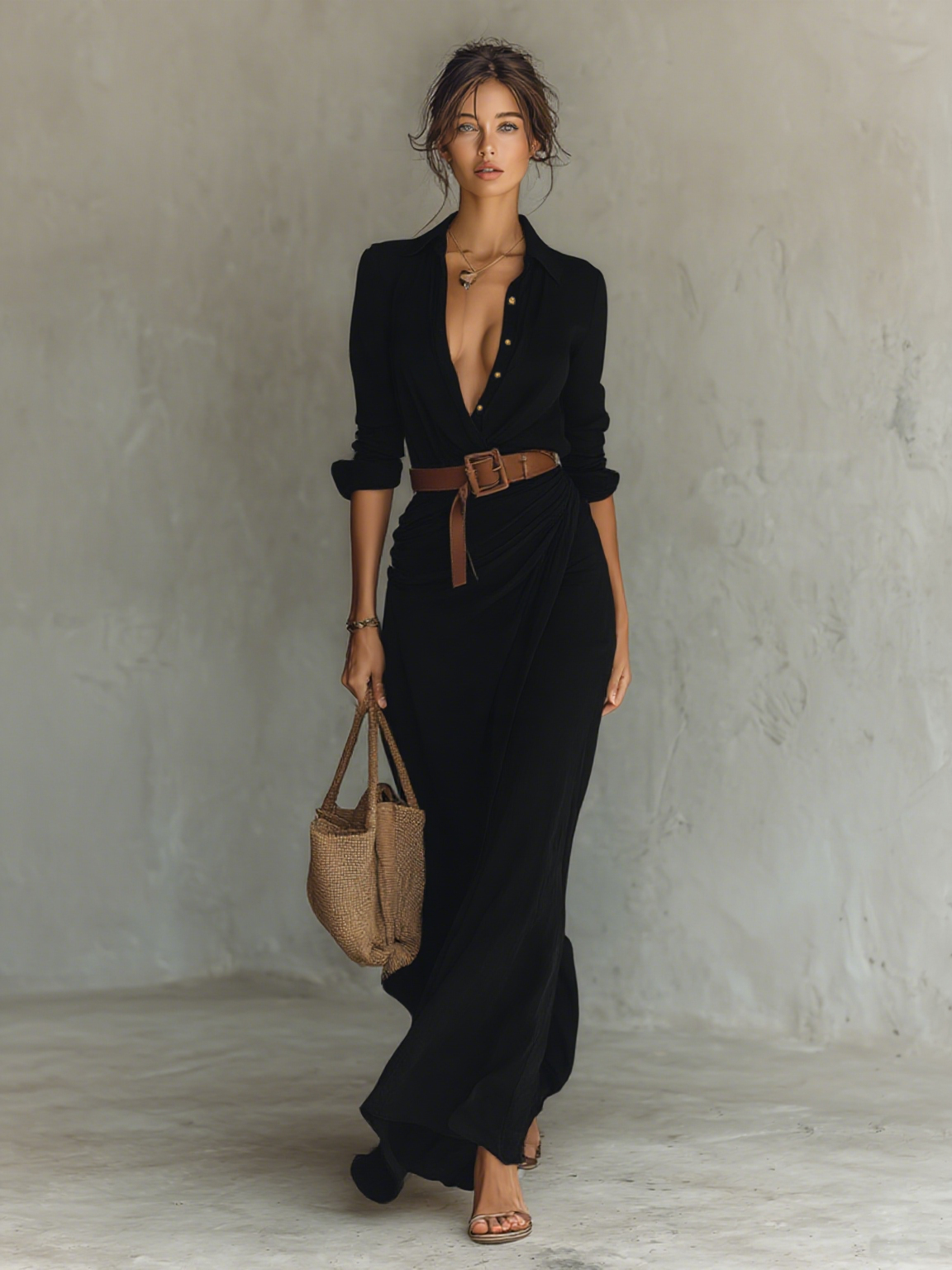 Robe Maxi Lunga con Collo Revers e Maniche Lunghe per Donne