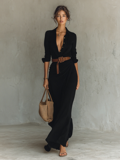 Robe Maxi Lunga con Collo Revers e Maniche Lunghe per Donne