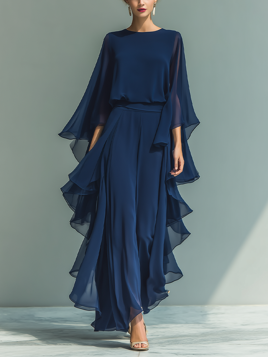 Completo Donna Top Chiffon Blu Marino Con Maniche A Campana E Pantaloni Dritti Con Dettagli Volant