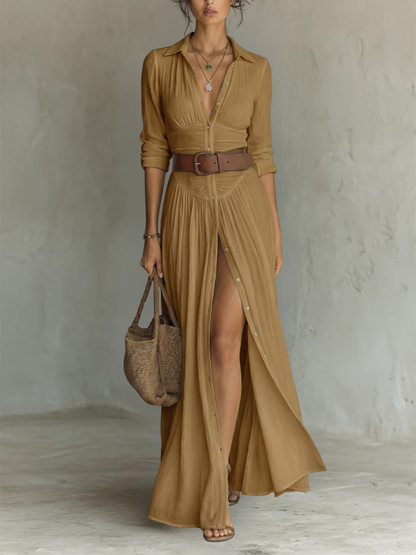 Abito Maxi con Collo Revers e Maniche Lunghe