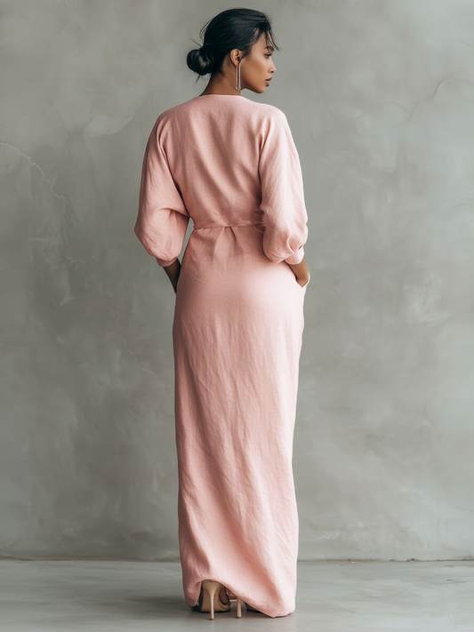 Abito Maxi Minimalista con Scollatura a V in Mistura di Lino Rosa per Donne
