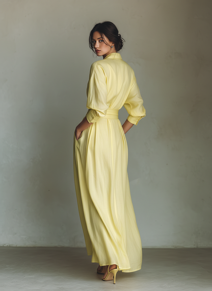 Abito Camicia Maxi Donna Giallo Limone In Cotone E Lino Con Cintura Da Annodare & Maniche A Tre Quarti