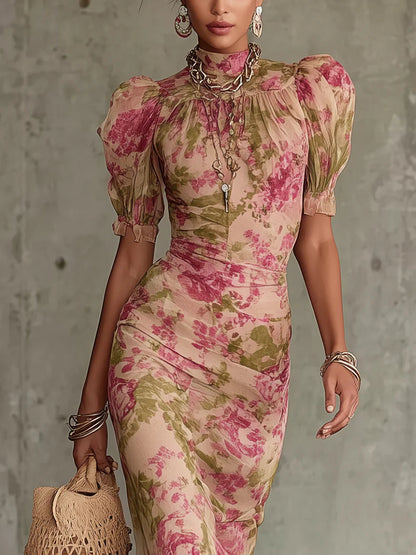 Abito Maxi Stampato Rosa Vintage con Maniche Puff e Gonna A Sirena per Donne