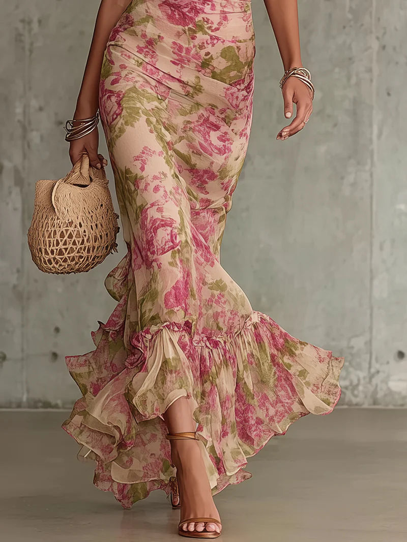 Abito Maxi Stampato Rosa Vintage con Maniche Puff e Gonna A Sirena per Donne