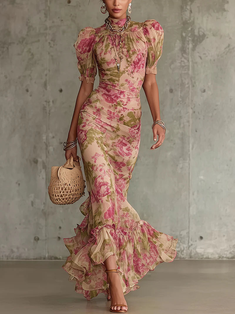 Abito lungo con stampa vintage a rose e maniche a sbuffo