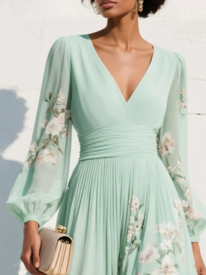 Abito Maxi Plissè in Chiffon Verde Menta con Stampa Floreale per Donne