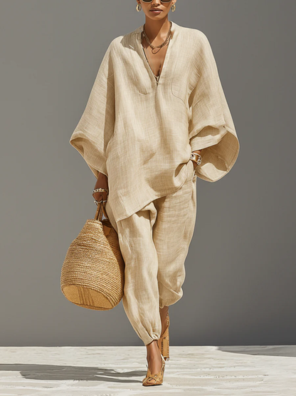 Arianna | Top e Pantaloni Jogger Minimalisti con Orlo Asimmetrico Color Khaki Chiaro