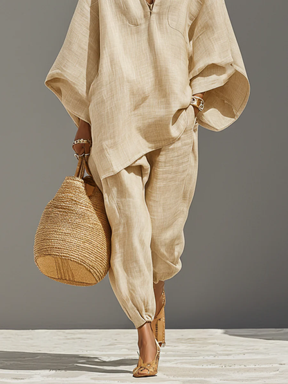 Arianna | Top e Pantaloni Jogger Minimalisti con Orlo Asimmetrico Color Khaki Chiaro