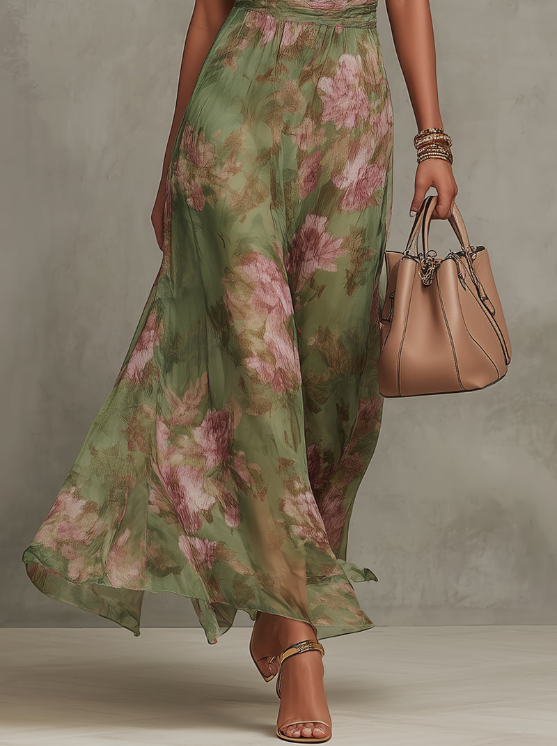 Serena - Abito lungo verde floreale in chiffon con scollo a halter