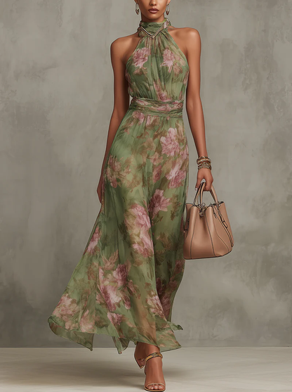 Serena - Abito lungo verde floreale in chiffon con scollo a halter