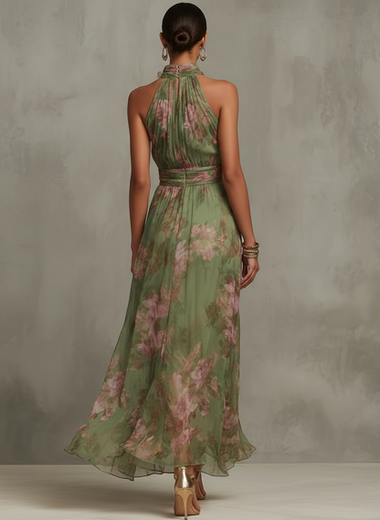 Serena - Abito lungo verde floreale in chiffon con scollo a halter