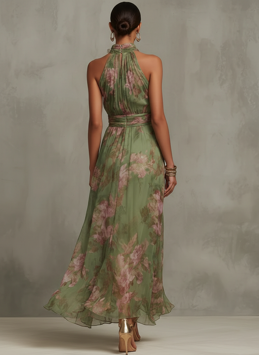 Serena - Abito lungo verde floreale in chiffon con scollo a halter