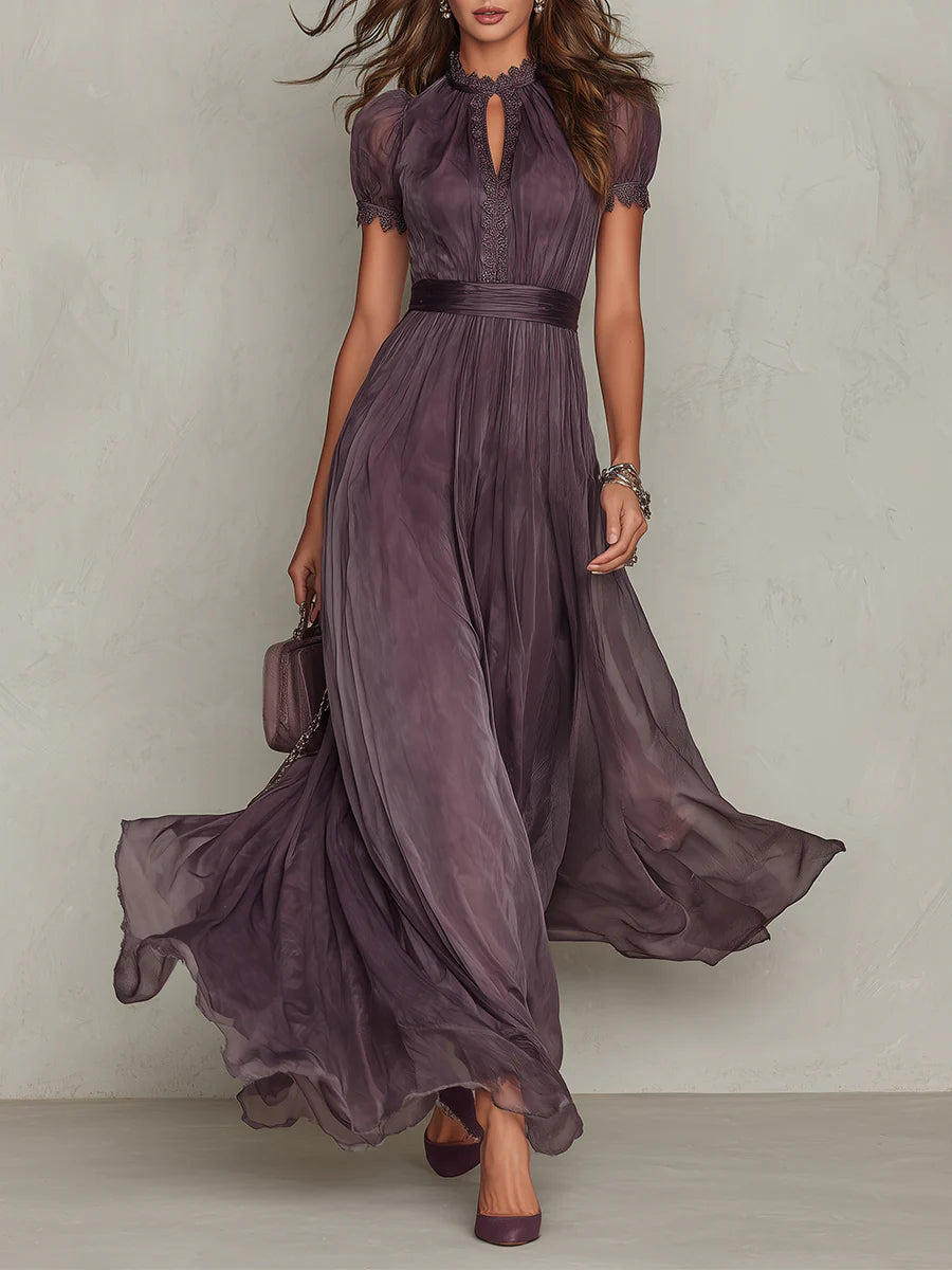 Vestito lungo viola con scollo a chiave, bordo in pizzo di chiffon