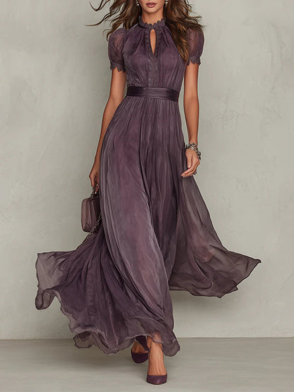 Vestito lungo viola con scollo a chiave, bordo in pizzo di chiffon