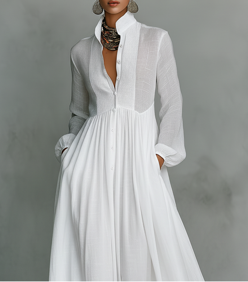 Maxi Minimalista in Cotone e Lino con Patchwork, Collo Alto e Maniche Lunghe