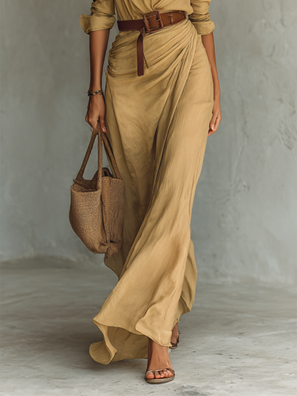 Robe Maxi Lunga con Collo Revers e Maniche Lunghe per Donne