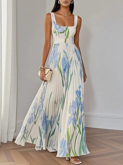 Robe Maxi A-Line Senza Maniche con Collo Quadrato in Chiffon Floreale Plissettato Bianco