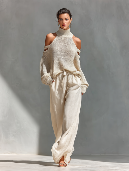 Completo Top Collo Alto con Spalle Scoperte in Maglia Beige per Donne & Pantaloni a Gamba Larga