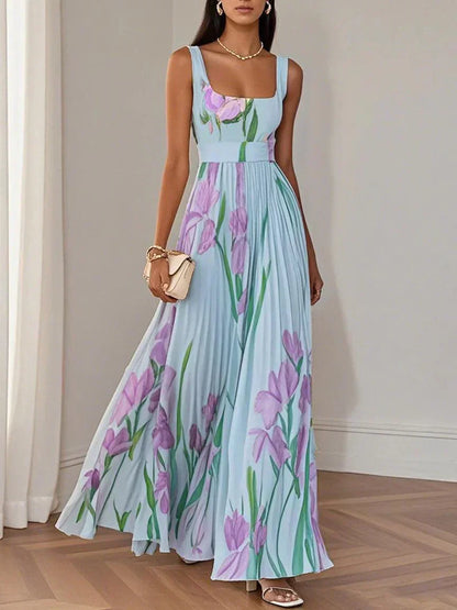 Robe Maxi A-Line Senza Maniche con Collo Quadrato in Chiffon Floreale Plissettato Bianco