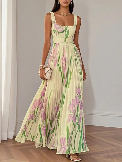 Robe Maxi A-Line Senza Maniche con Collo Quadrato in Chiffon Floreale Plissettato Bianco